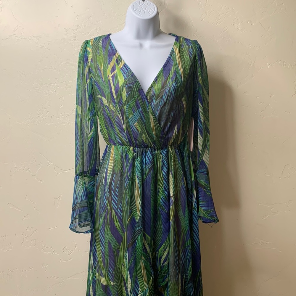 Green and blue floral print high low dress